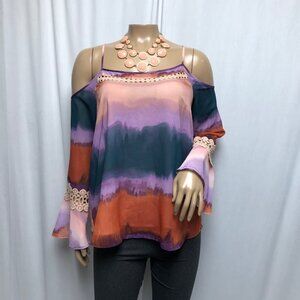 Jessica Simpson Cold Shoulder Top Womens Size Medium Tie Dye Lace Boho Hippie